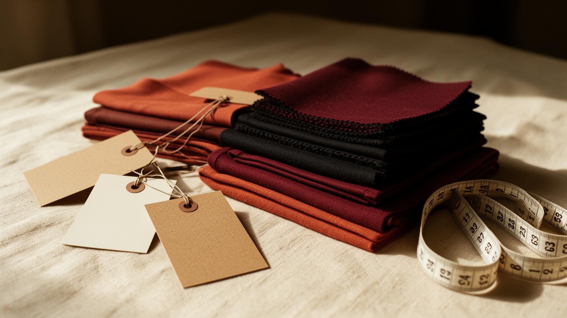 Fabric swatches, hang tags and a measuring tape on a linen surface